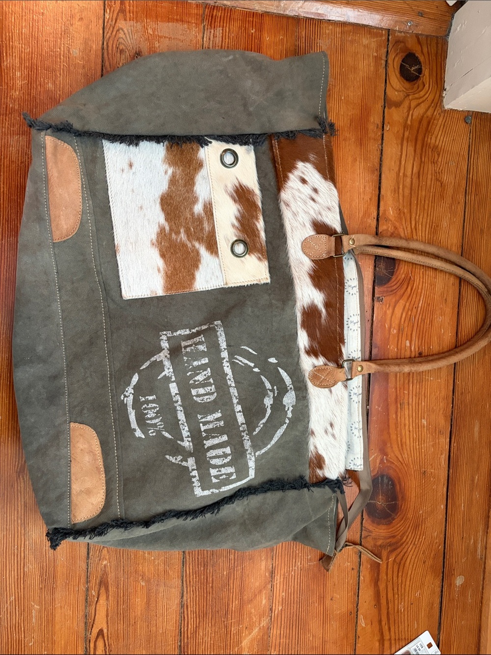 Myra Bag Olive Green Suede Tote with Brown & White Cowhide Accents